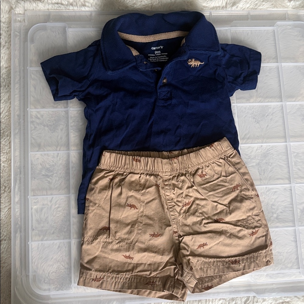 Carter's Dark Blue Navy Polo with Matching Beige Dinosaur Shorts size 9m